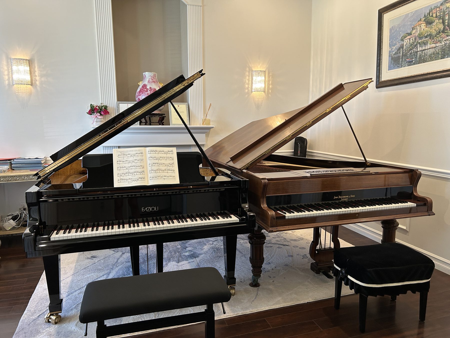 The HY Piano Studio teaching room with a Fazioli grand piano and a John Broadwood & Sons grand piano